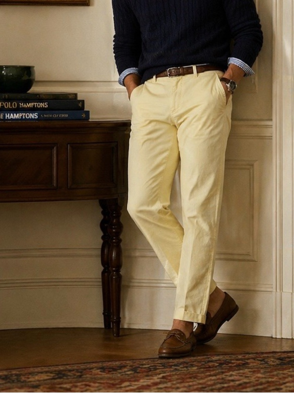 Butter Yellow Chino Pants Mens 33x32 Straight Leg Paisley Lining Spring Preppy